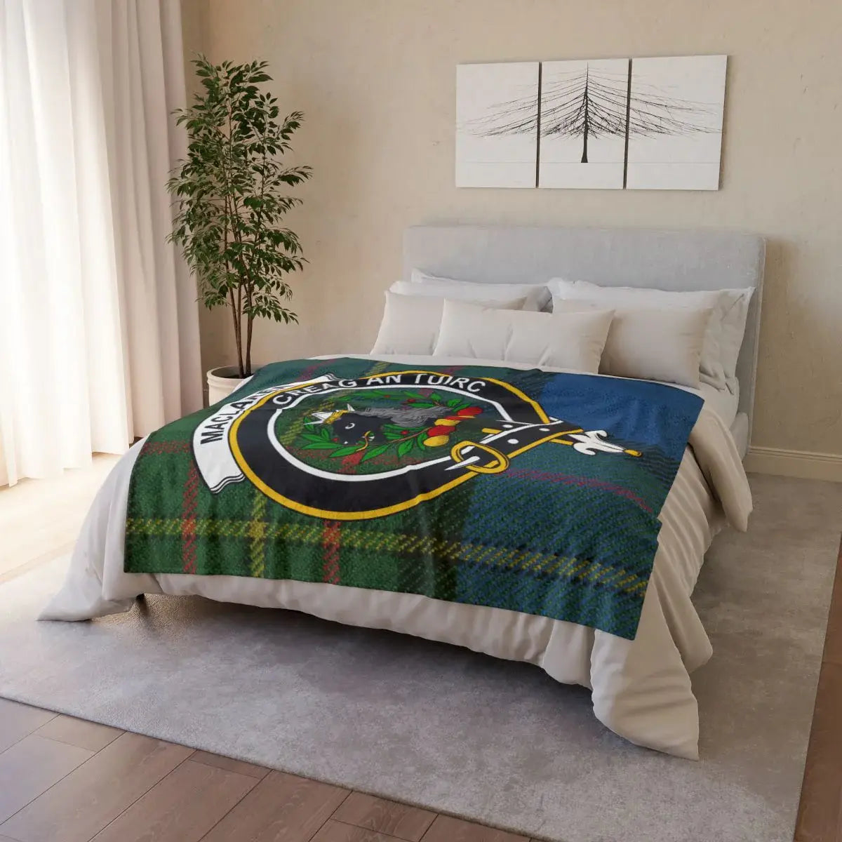 MacLaren tartan crest throw draped over sofa — lightweight Scottish clan blanket in use