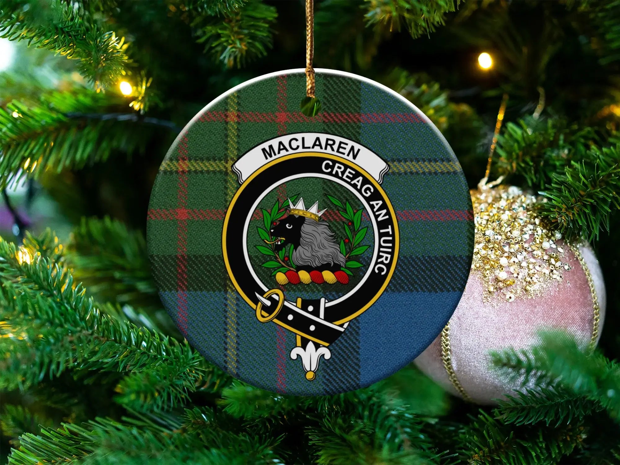 MacLaren clan crest tartan ceramic ornament — Creag An Tuirc double-sided 3-inch round