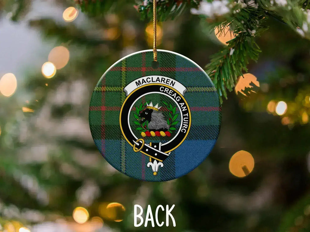 MacLaren Creag An Tuirc clan crest ornament reverse side — gold hanging string and UV print