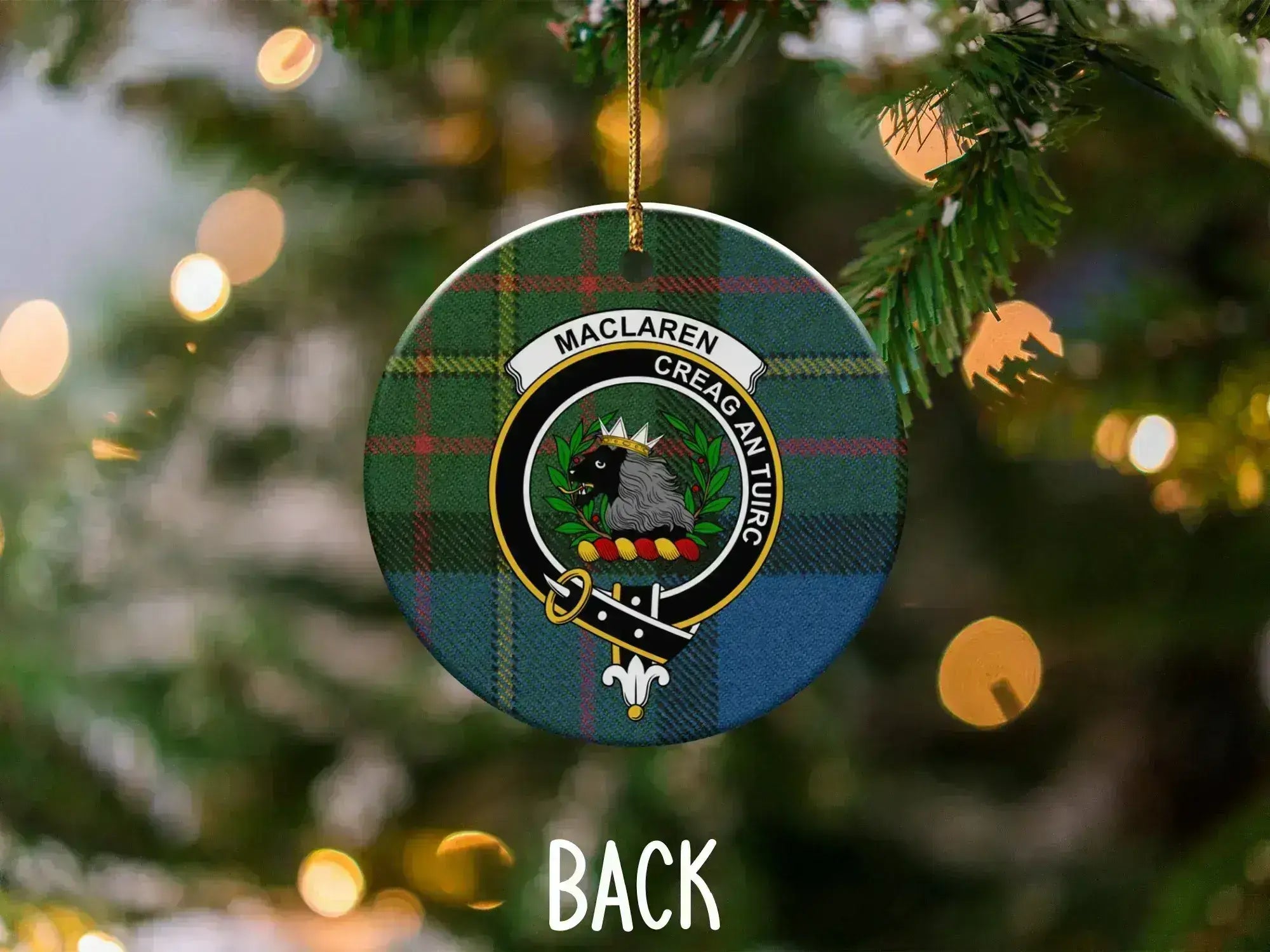 MacLaren Creag An Tuirc clan crest ornament reverse side — gold hanging string and UV print