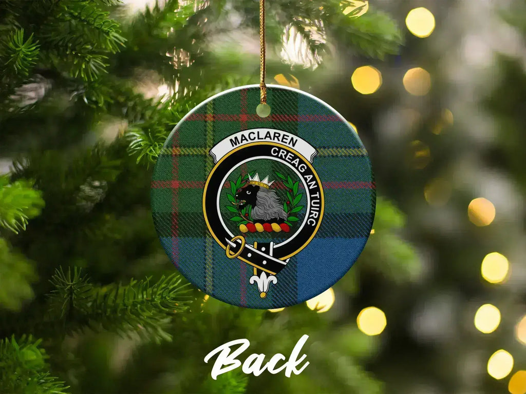 MacLaren clan crest ceramic ornament on Christmas tree — 3-inch round Scottish heritage keepsake