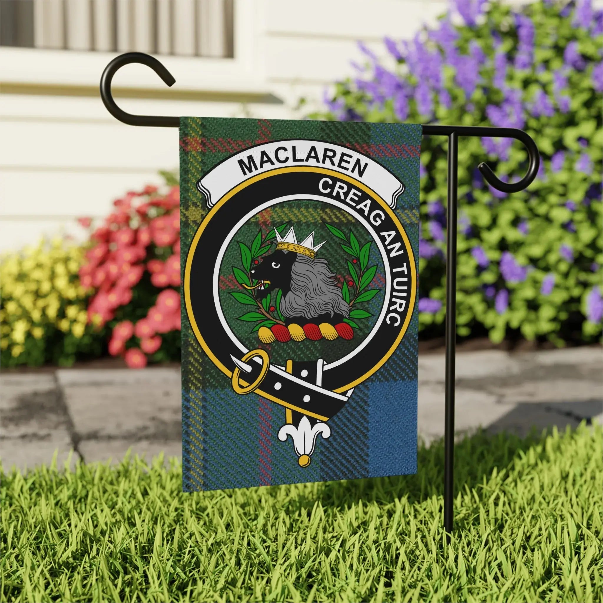 MacLaren tartan crest garden flag on outdoor stake — larger 24.5x32 porch display size