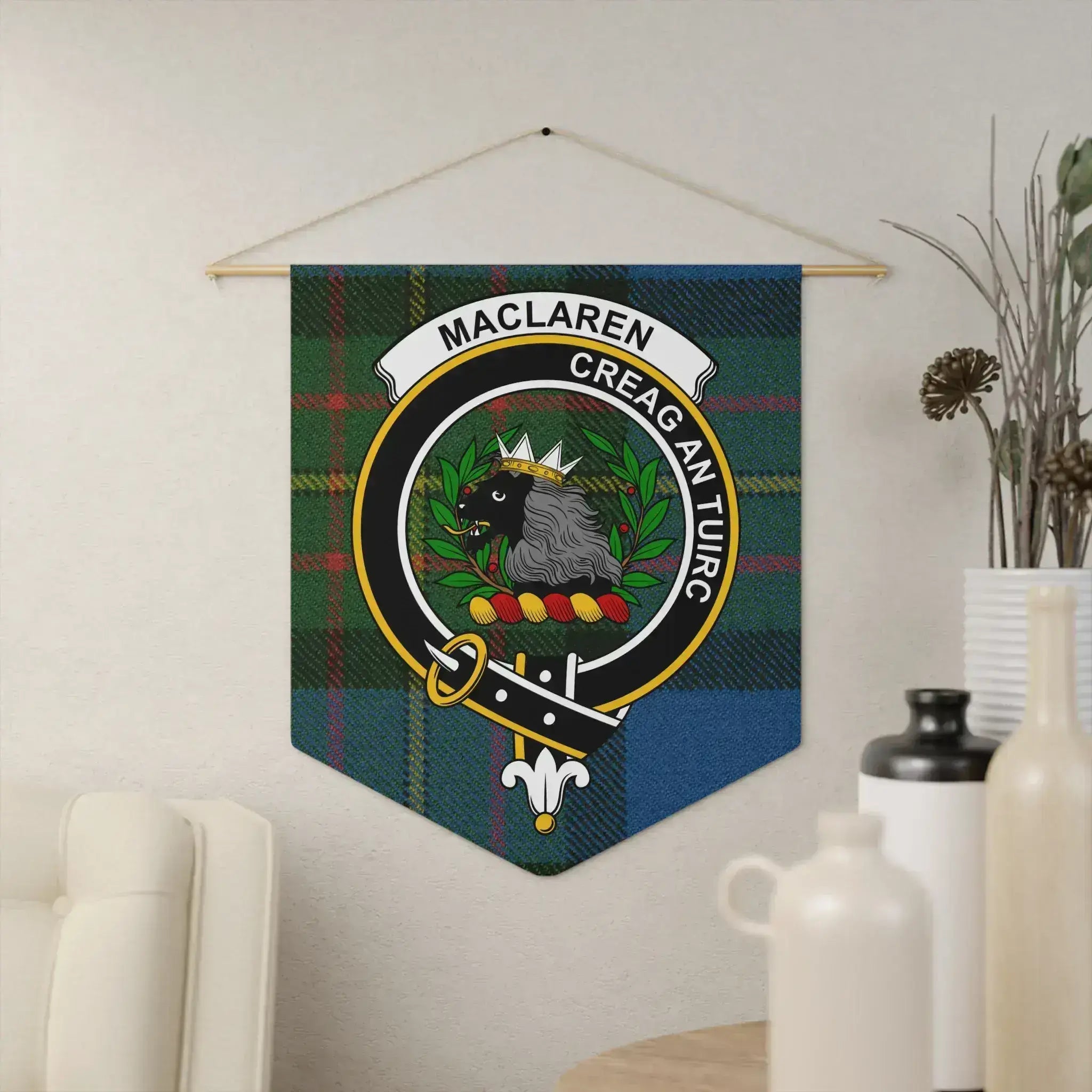 MacLaren clan crest tartan pennant — Creag An Tuirc The Boar's Rock on 18x21 polyester twill