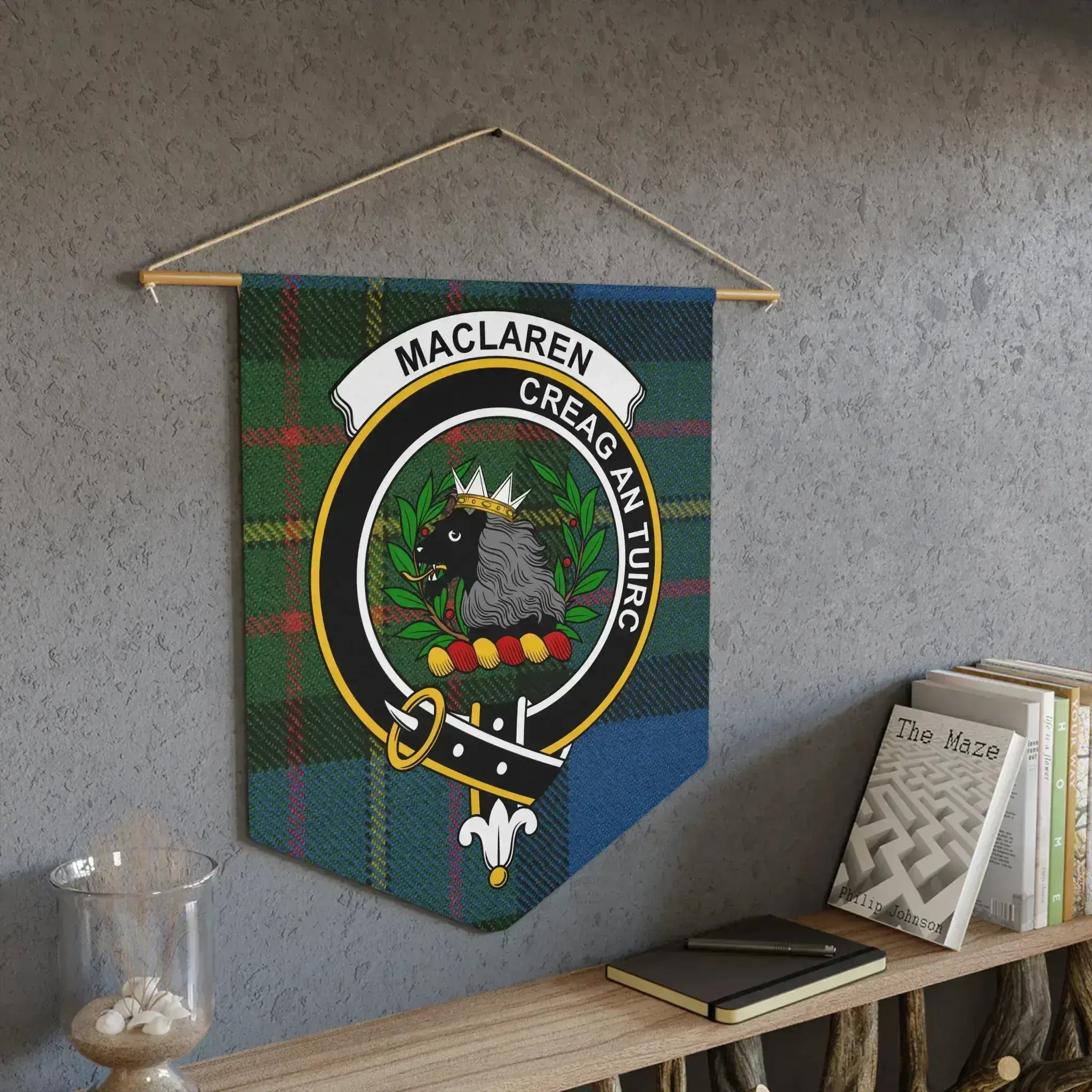 MacLaren tartan pennant with wooden dowel — The Boar's Rock Scottish heritage wall banner
