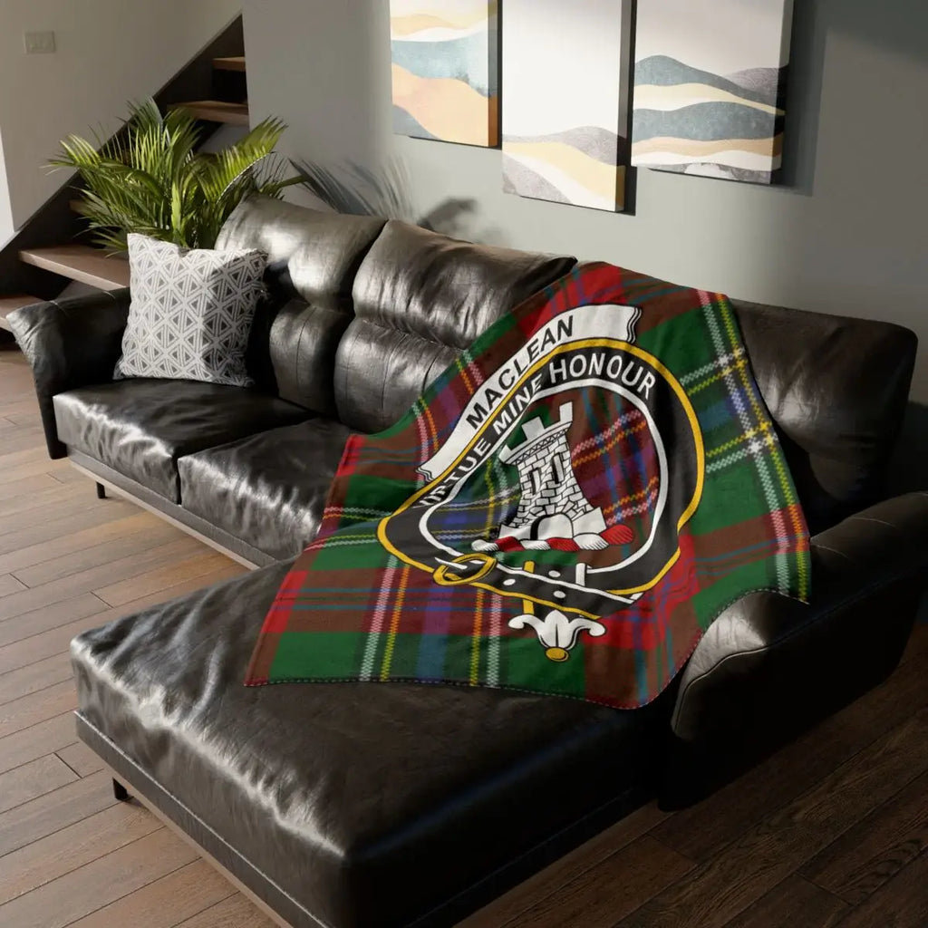MacLean Virtue Mine Honour tartan throw blanket — 50x60 polyester with tower heraldic design