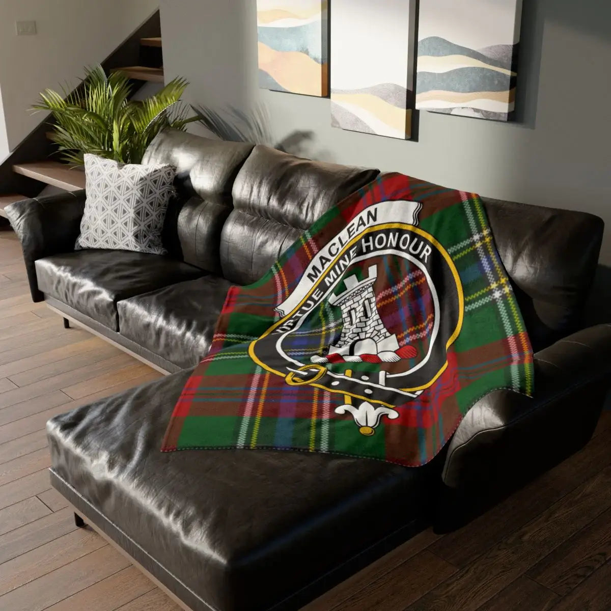 MacLean Virtue Mine Honour tartan throw blanket — 50x60 polyester with tower heraldic design