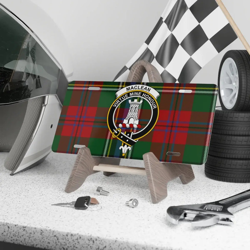 MacLean clan crest plaid pattern novelty license plate — 12x6 aluminium with Virtue Mine Honour heraldic design