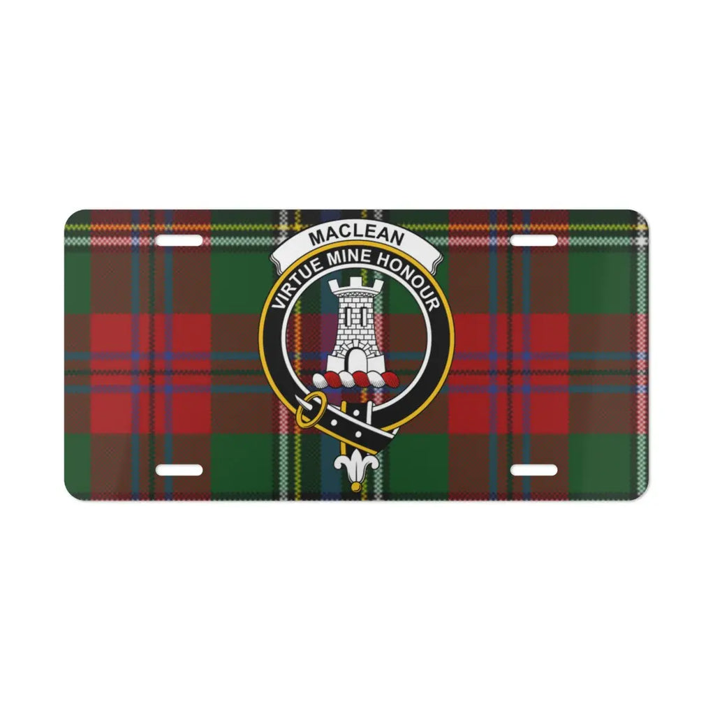 MacLean tartan Scottish clan crest license plate — Virtue Mine Honour tower design on aluminium
