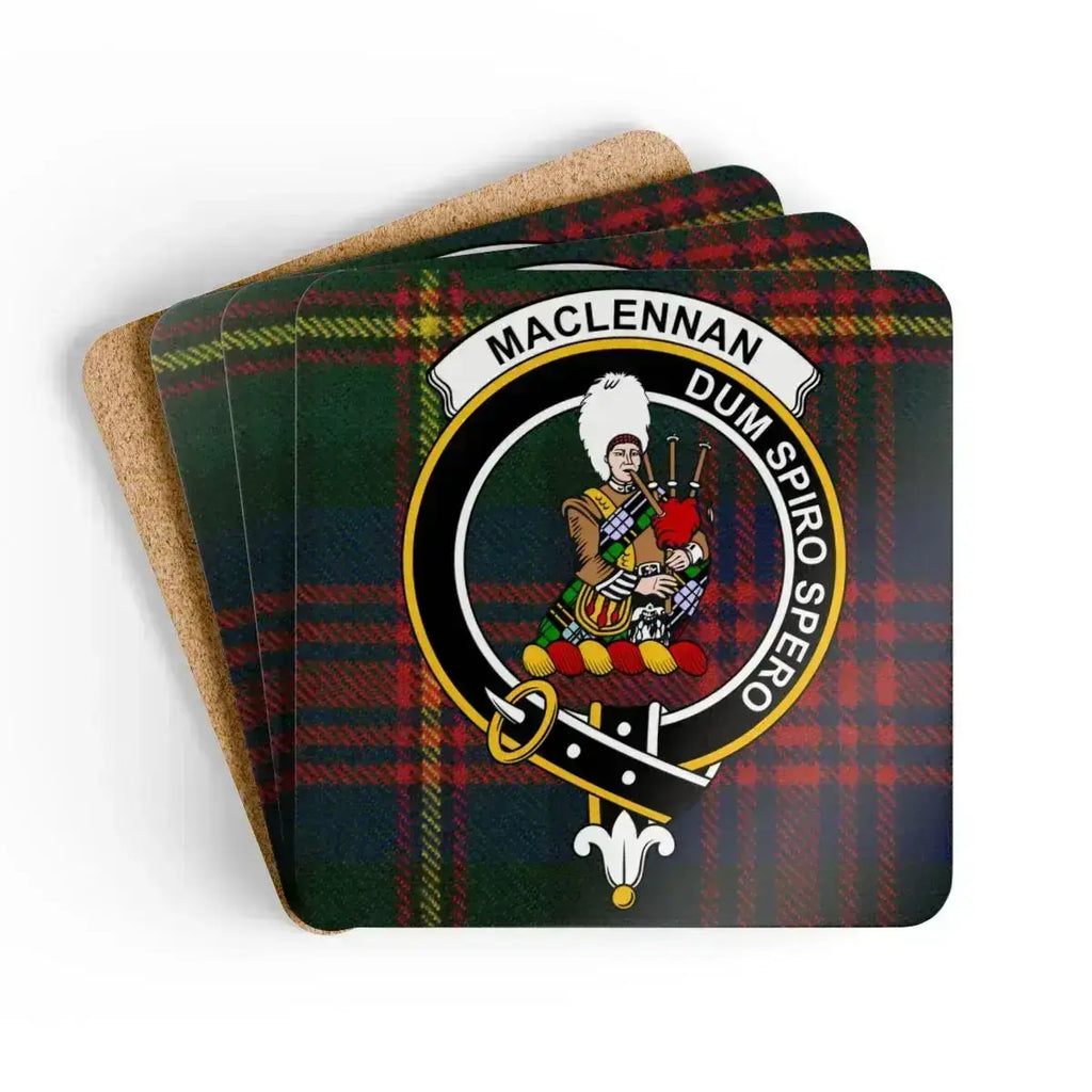 MacLennan clan crest tartan coaster set — Dum Spiro Spero on cork-backed square coasters