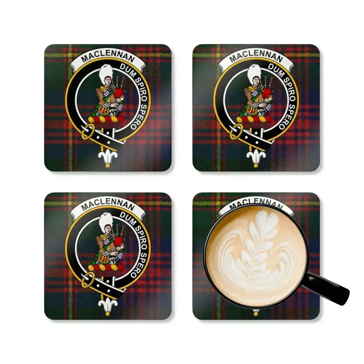 MacLennan tartan crest coasters displayed on table — full colour Scottish clan crest print