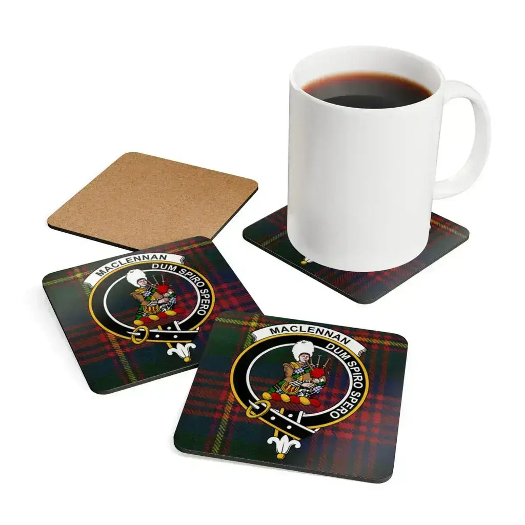 MacLennan clan crest tartan plaid drink coasters stacked — showing cork base and design detail