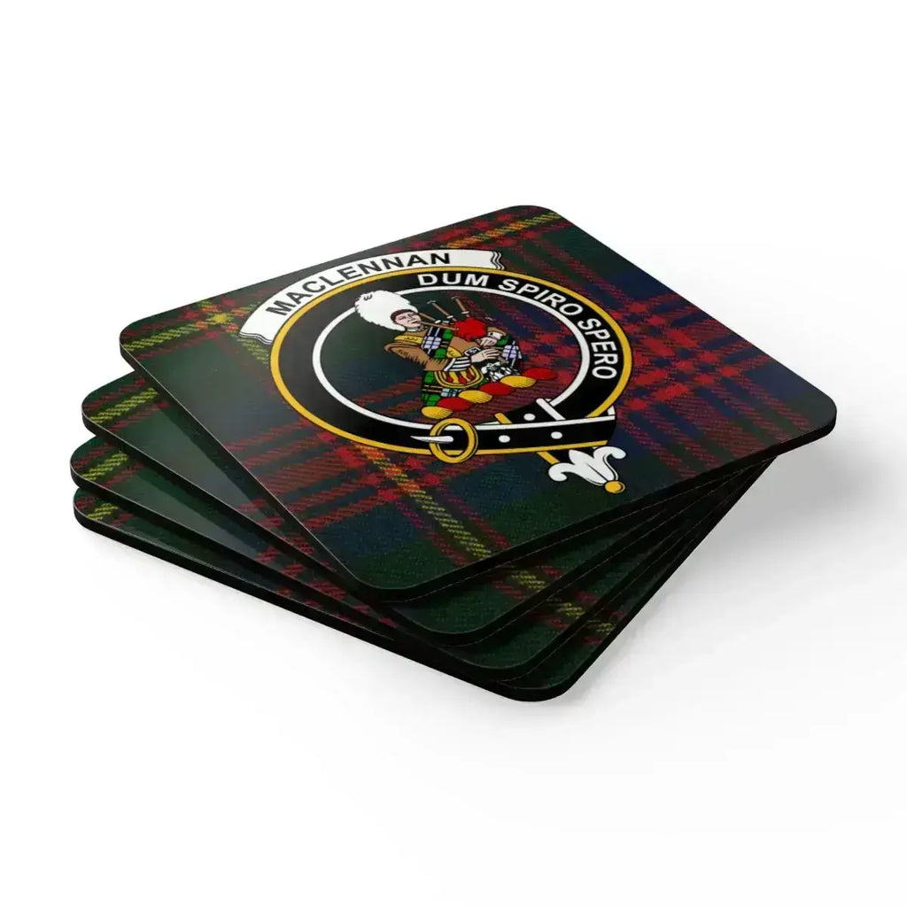 MacLennan Dum Spiro Spero crest tartan coaster in use — 3.75 inch square cork heritage coaster
