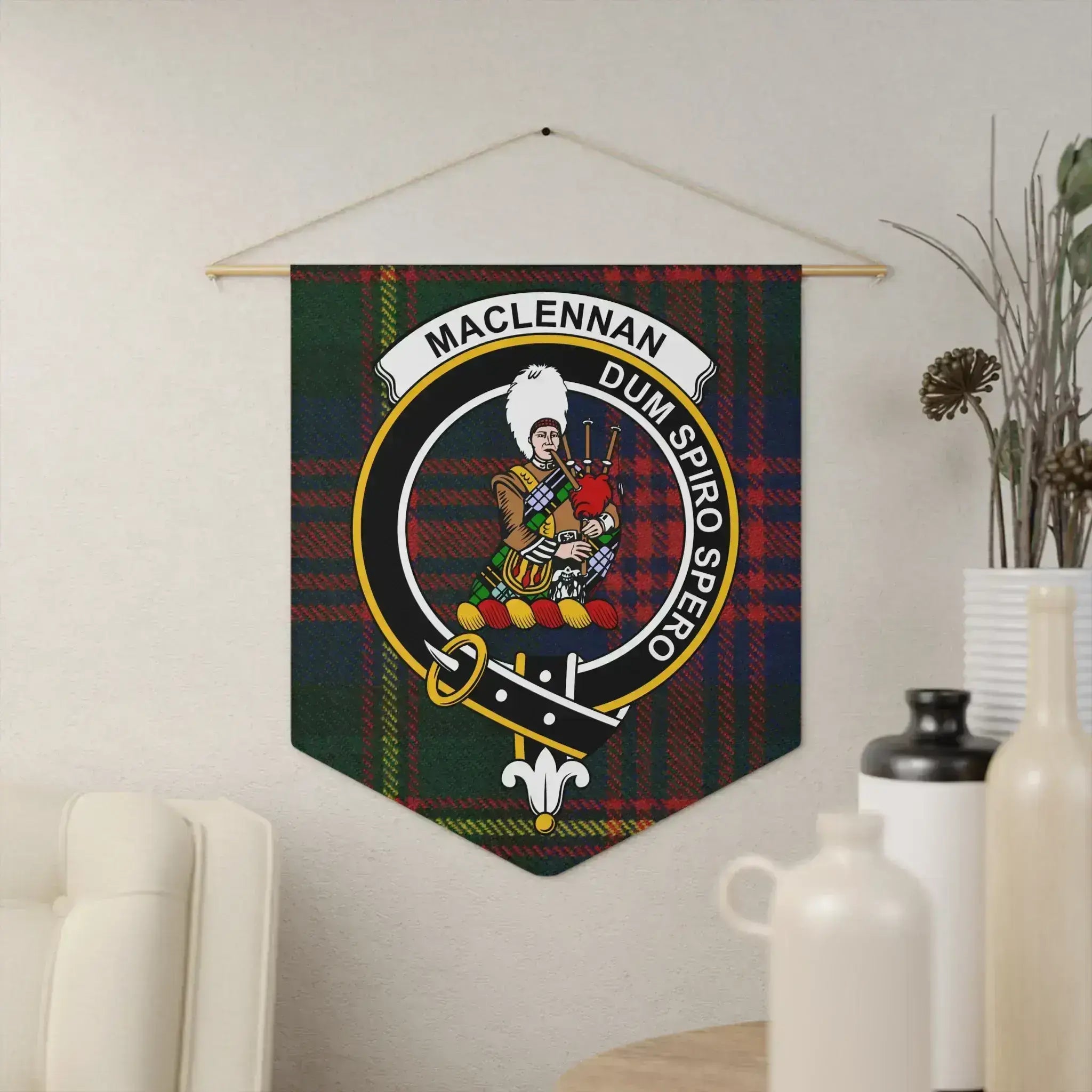 MacLennan clan crest tartan pennant — Dum Spiro Spero on 18x21 polyester twill banner