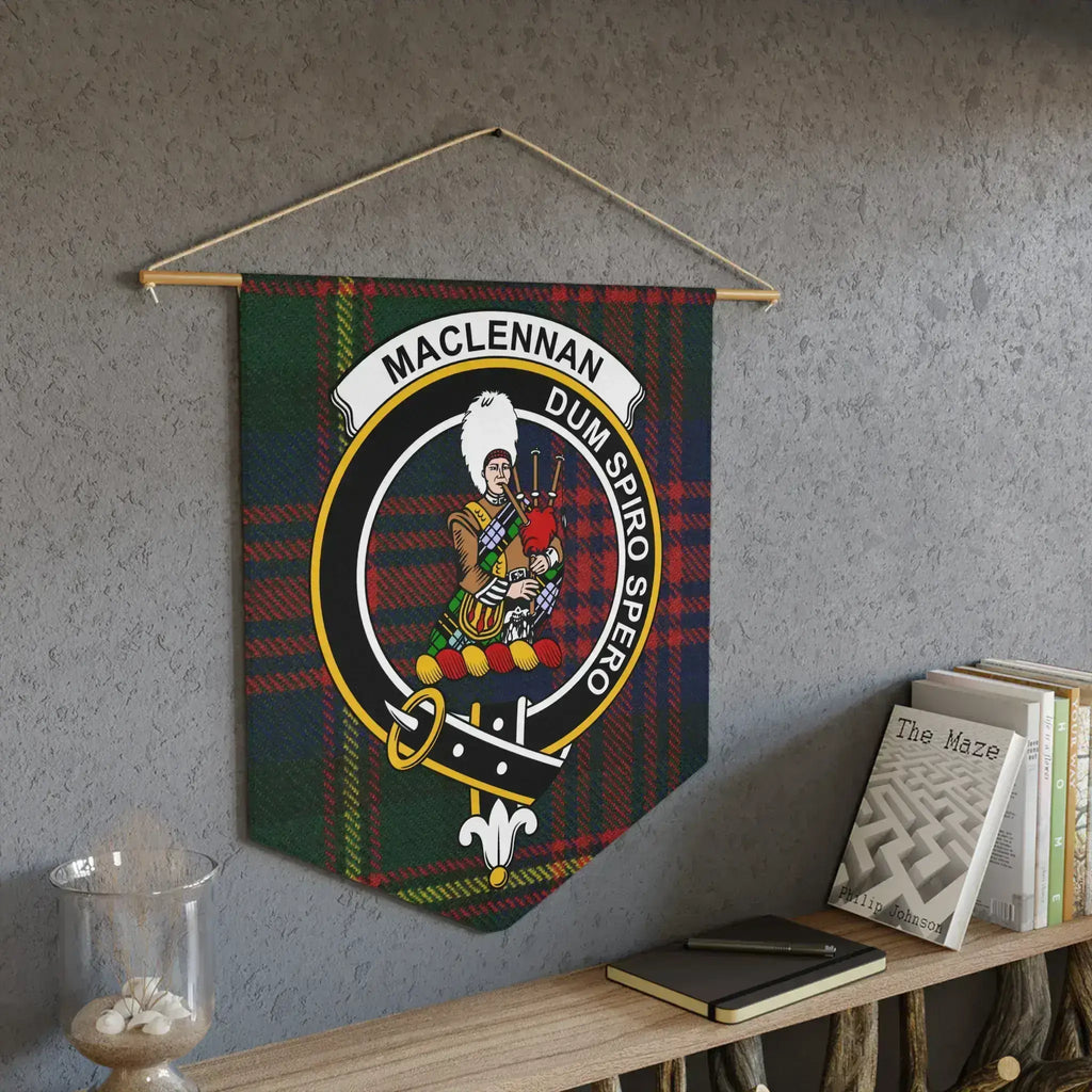 MacLennan Dum Spiro Spero plaid crest pennant with wooden dowel — Scottish heritage wall banner