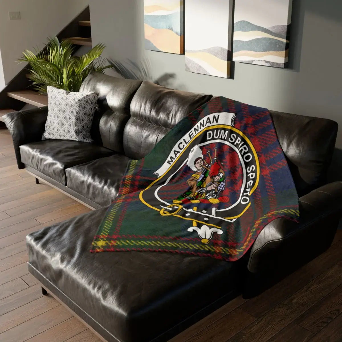 MacLennan clan crest tartan throw blanket — Dum Spiro Spero printed 50x60 polyester