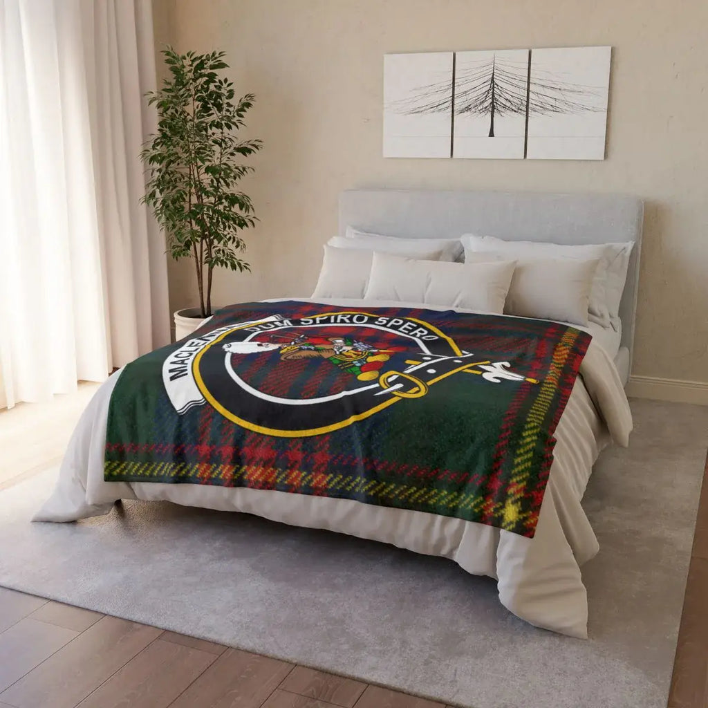 MacLennan tartan crest throw draped over sofa — lightweight Scottish clan blanket in use
