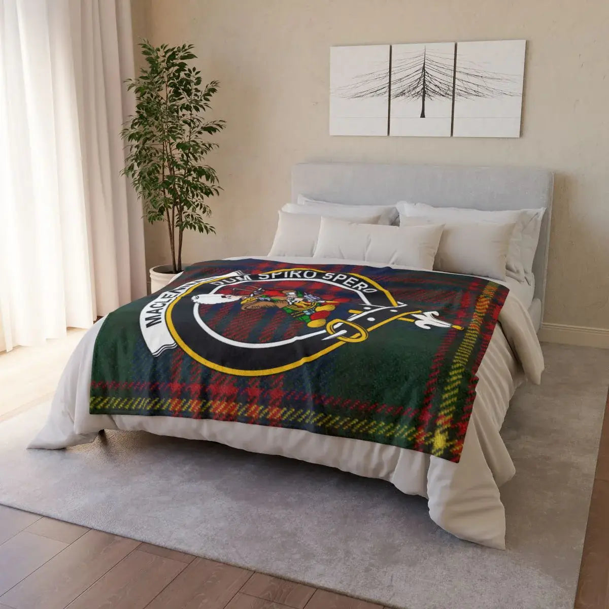 MacLennan tartan crest throw draped over sofa — lightweight Scottish clan blanket in use