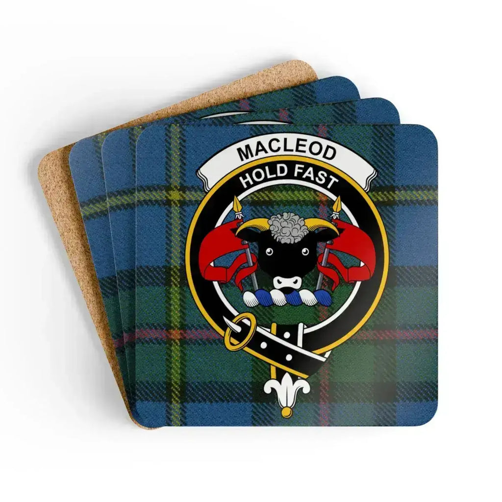 MacLeod Hold Fast Scottish clan crest coaster set of 4 — natural cork squares with heraldic design