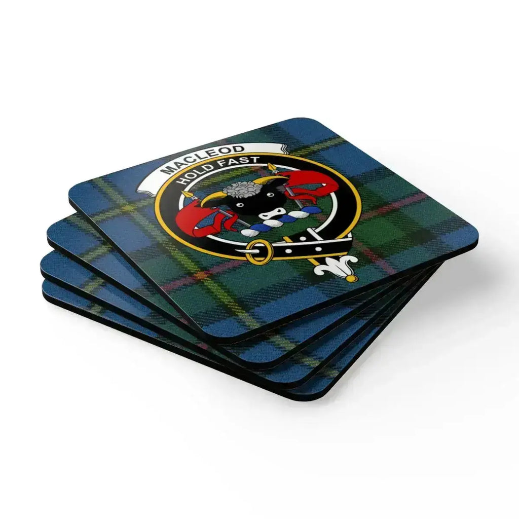 MacLeod Hold Fast tartan clan crest coaster set — natural cork base, glossy sealed print
