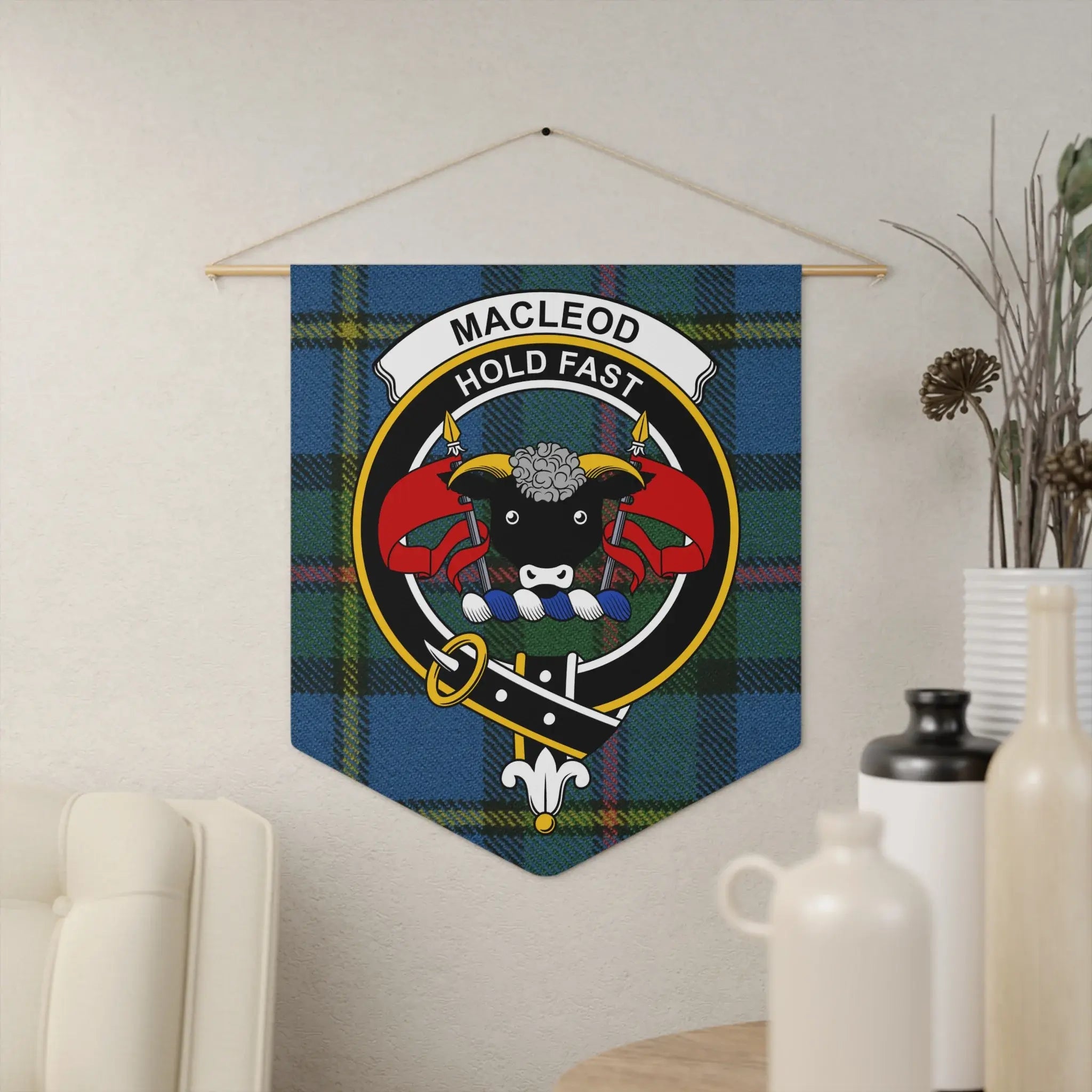 MacLeod Hold Fast tartan clan crest pennant 18x21 inches — polyester twill wall hanging, wooden dowel