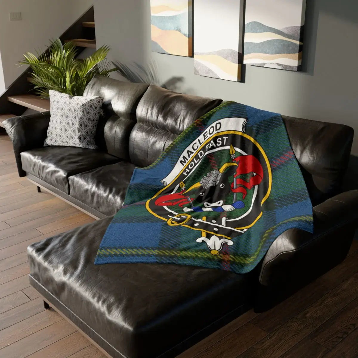 MacLeod Hold Fast clan crest tartan throw blanket — 50x60 polyester with heraldic design