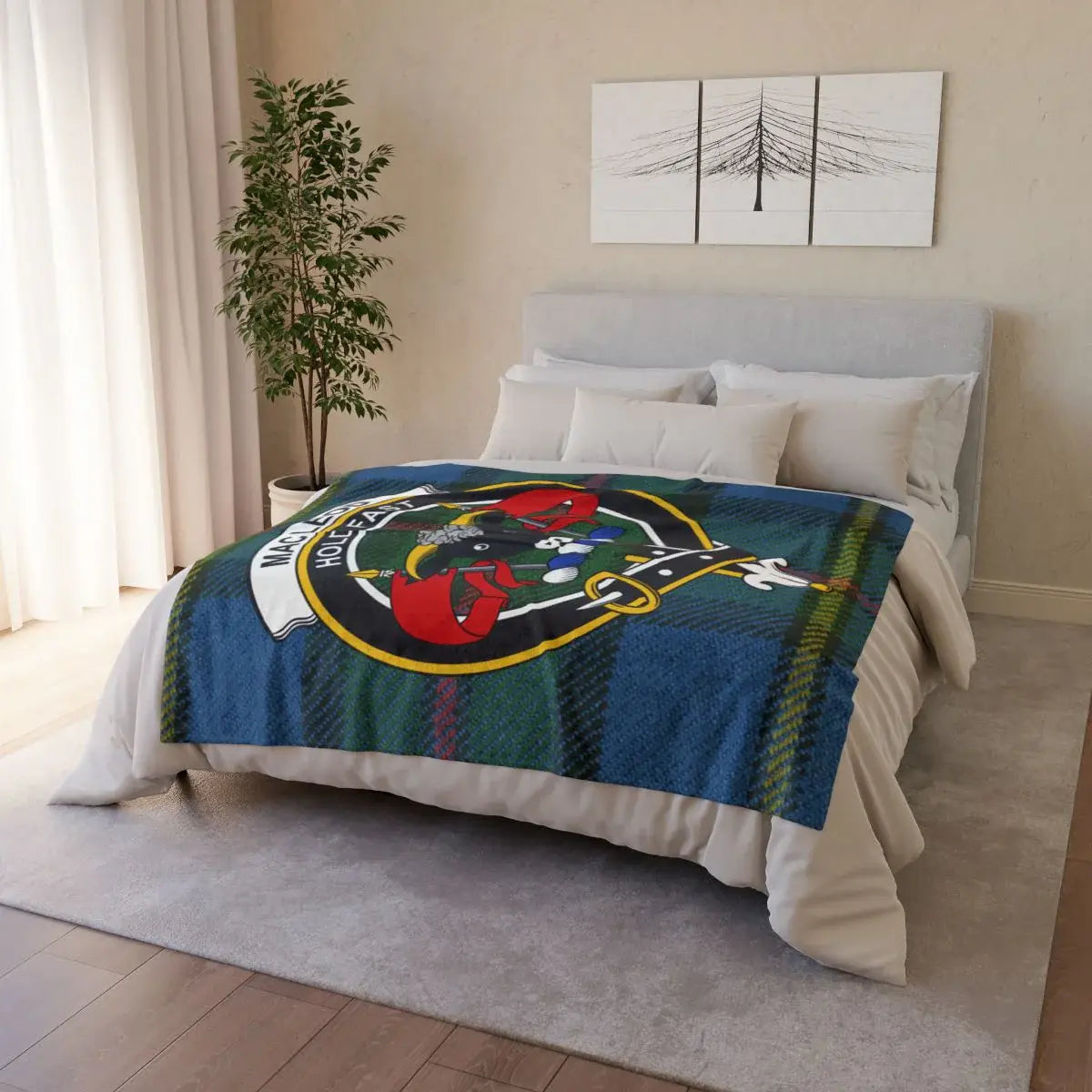 MacLeod clan crest throw blanket on sofa — lightweight 100% polyester with clan tartan design