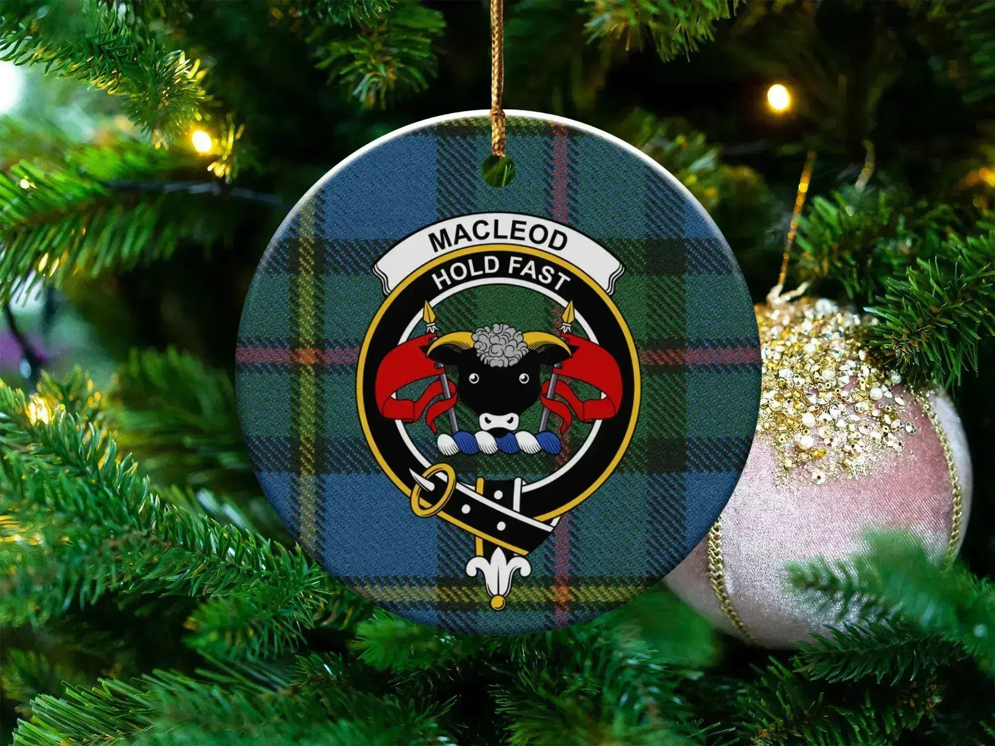 MacLeod Hold Fast bull clan crest Christmas ornament — 3-inch round glossy ceramic disc