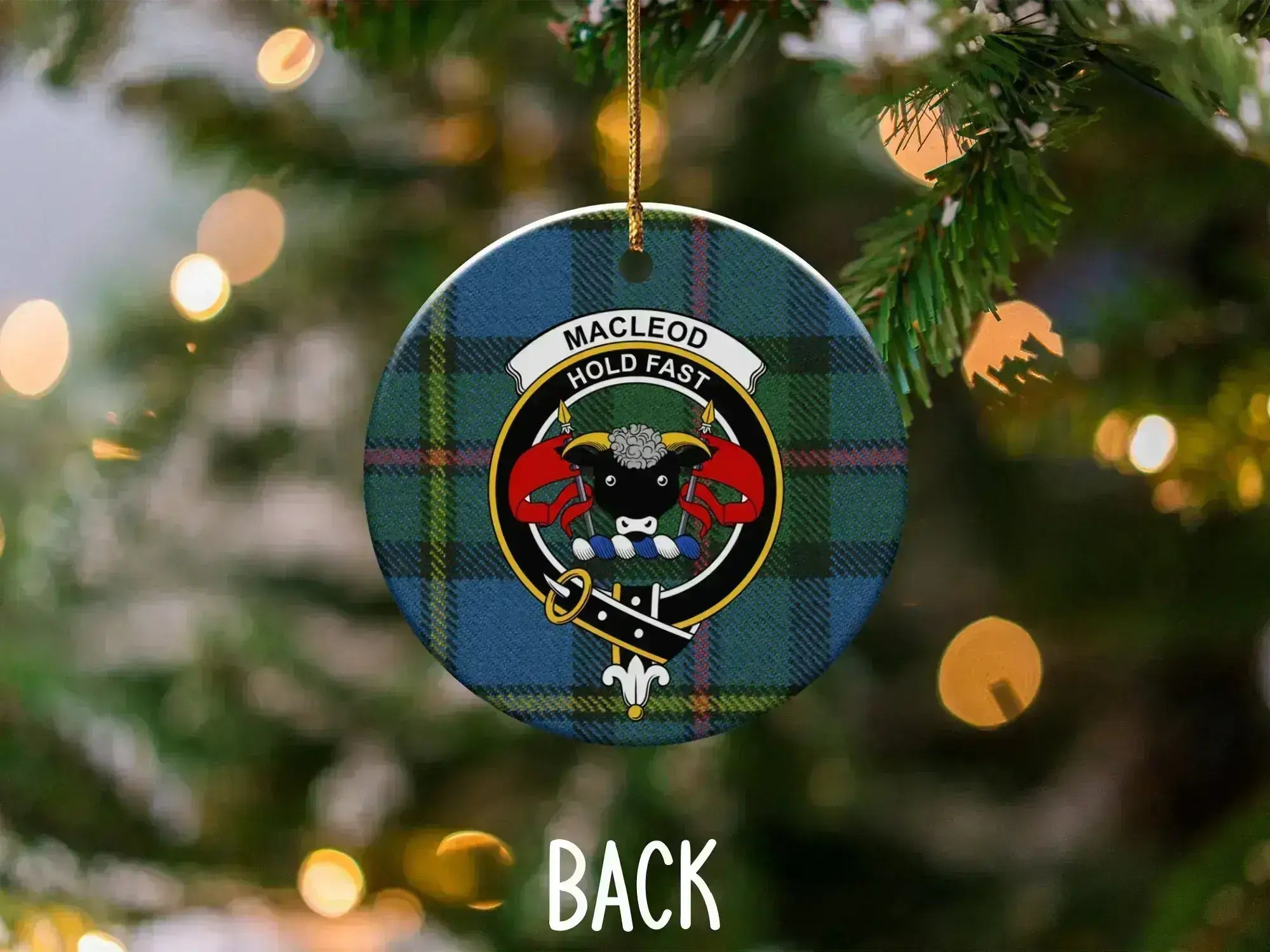 MacLeod Hold Fast Christmas tree ornament — 3-inch ceramic disc, gold hanging string