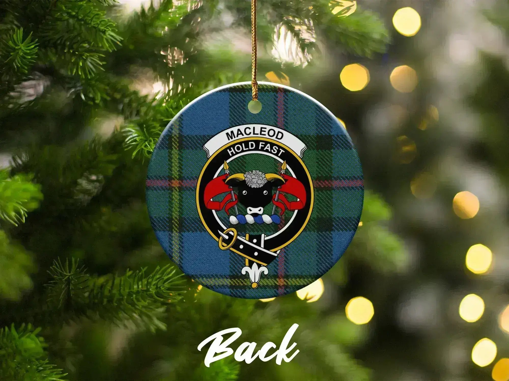 MacLeod Hold Fast tartan design round ornament — double-sided glazed ceramic, 3-inch disc