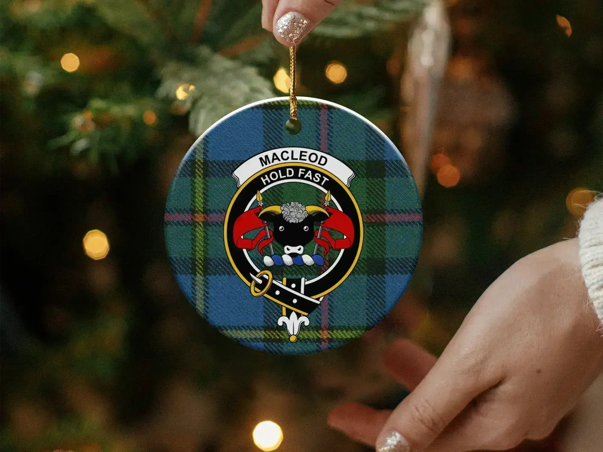 MacLeod Hold Fast plaid clan crest ornament — glossy finish, double-sided 3-inch ceramic disc