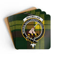 Clan MacMillan tartan crest cork coaster set — four 3.75-inch square glossy coasters