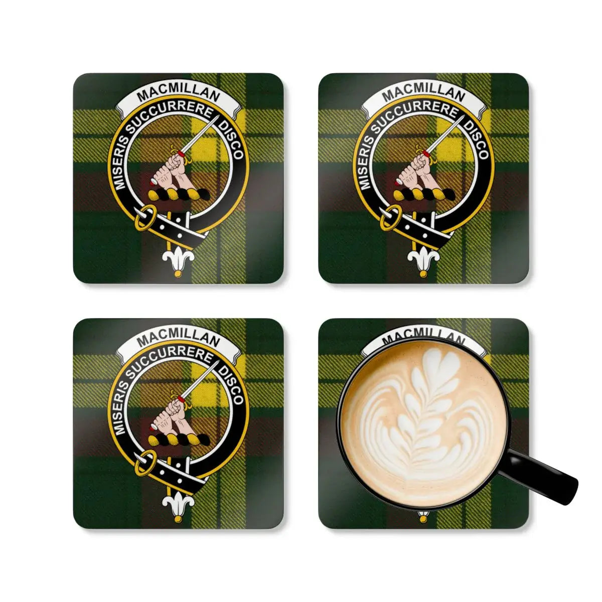 MacMillan clan crest coasters shown in use — glossy tartan print with natural cork base