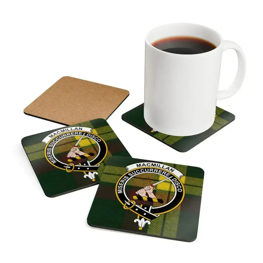 MacMillan tartan coaster set stacked — clan crest and green tartan design on square cork coasters