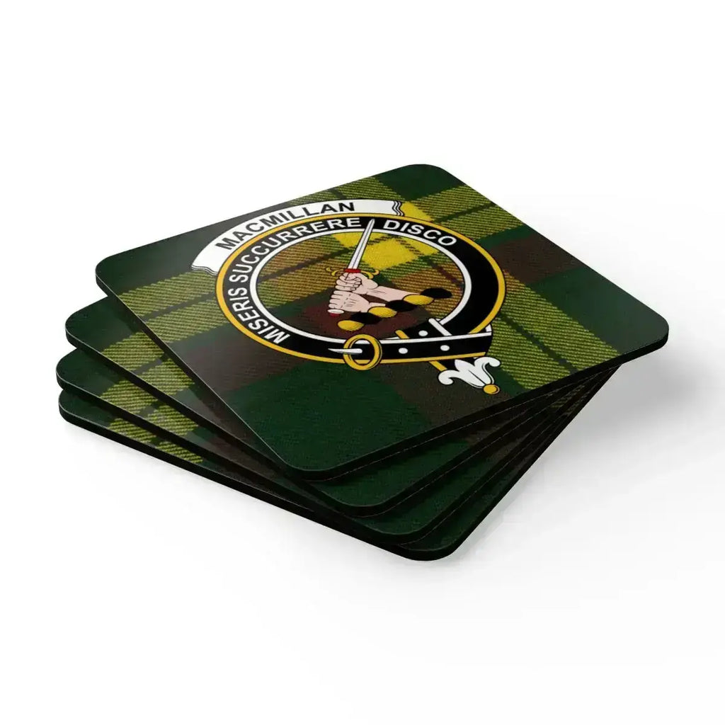 MacMillan clan crest coasters displayed flat — full set of four showing tartan pattern