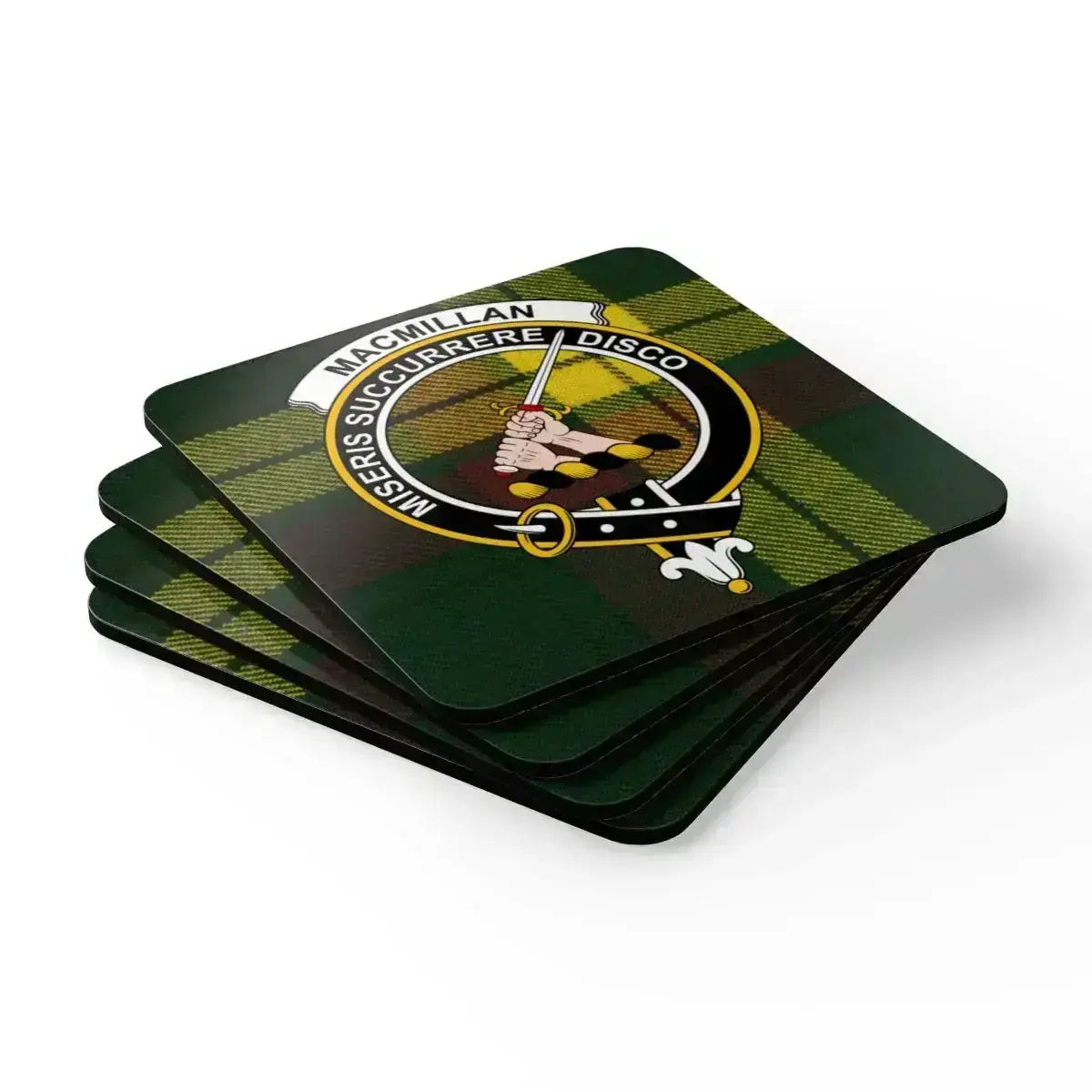 MacMillan clan crest coasters displayed flat — full set of four showing tartan pattern