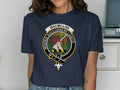 MacMillan clan crest t-shirt in black — front view showing tartan badge print