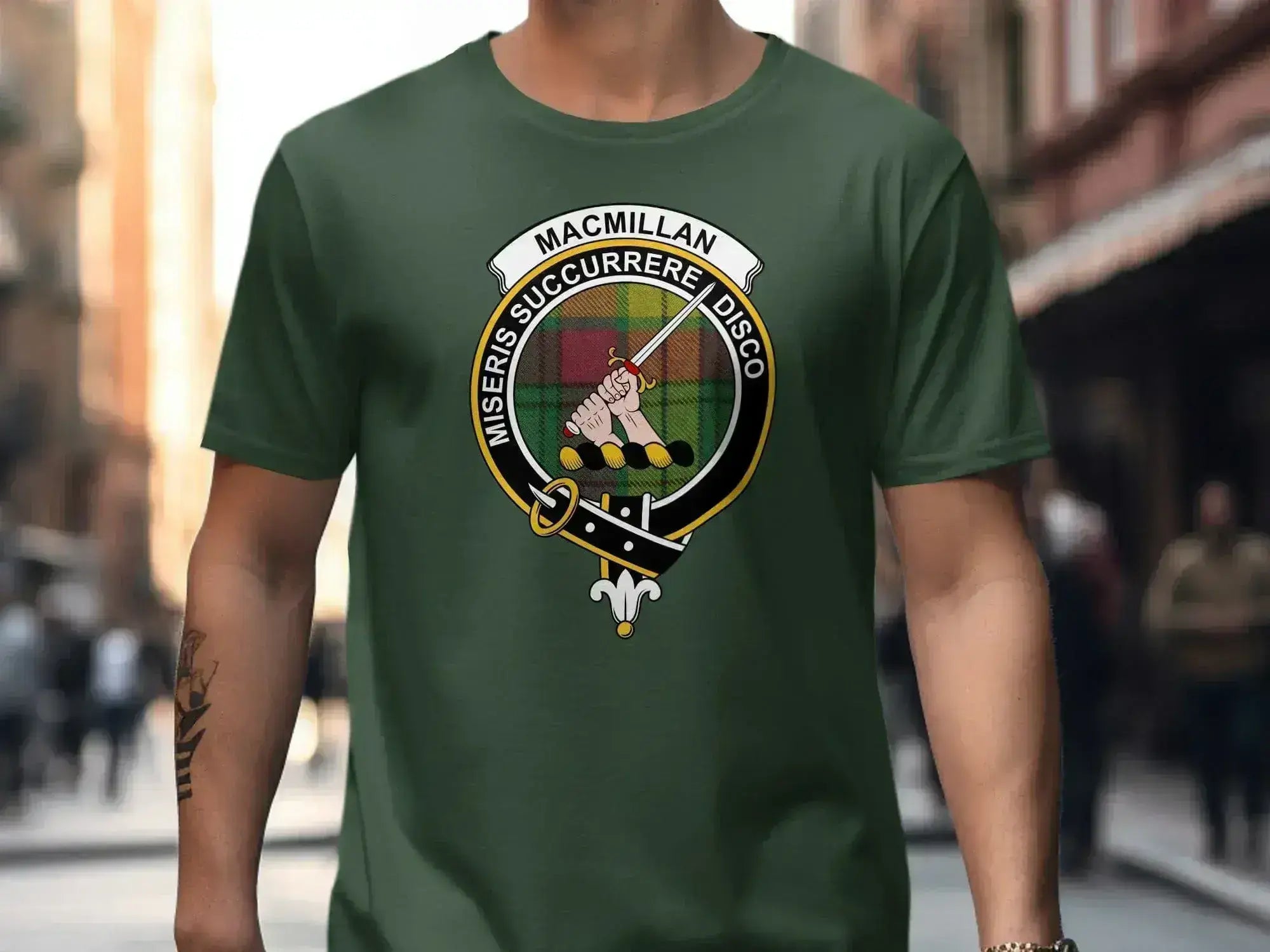 MacMillan Miseris Succurrere Disco tee in royal blue — clan crest printed cotton t-shirt