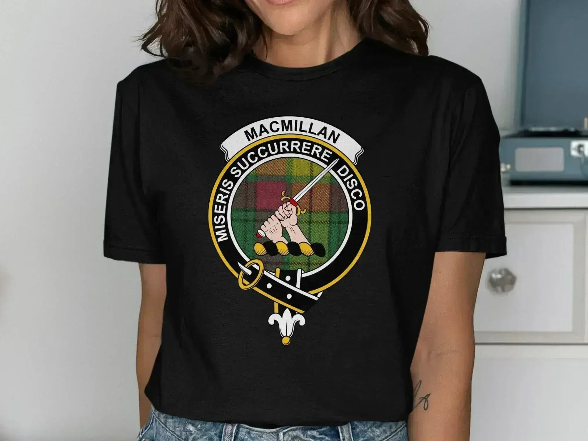 Clan MacMillan t-shirt in forest green — crest and tartan graphic on short sleeve cotton tee