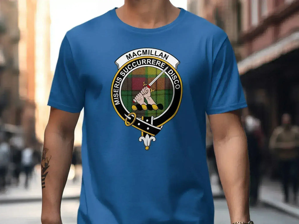 MacMillan clan tartan t-shirt shown on model — unisex cotton fit with clan crest print