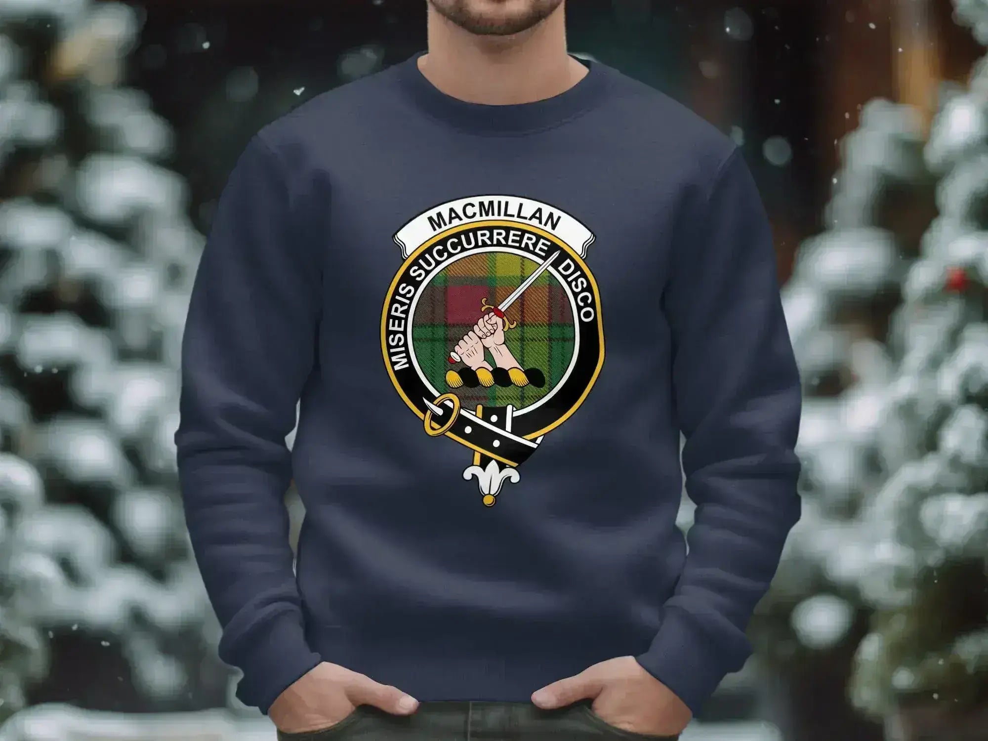 Clan MacMillan sweatshirt in forest green — printed crest on fleece crewneck pullover