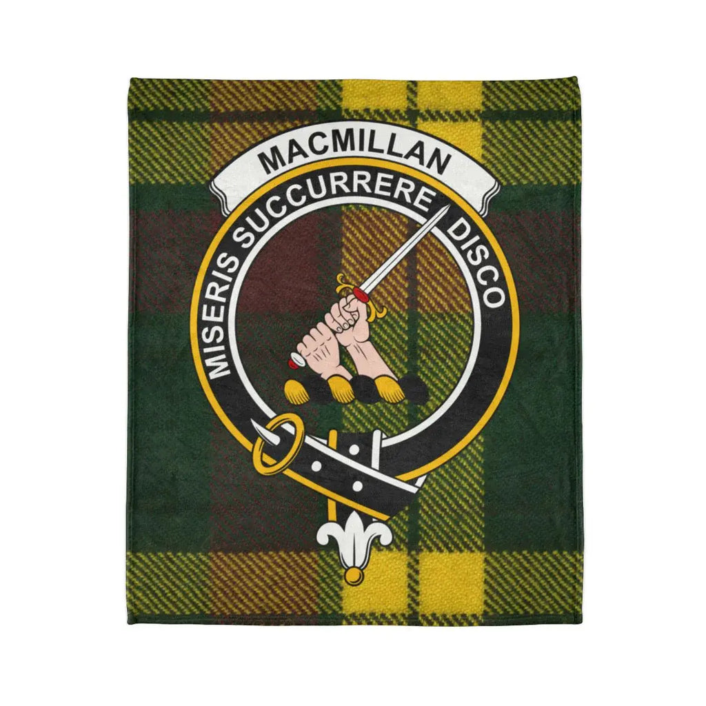 MacMillan clan crest and Miseris Succurrere Disco motto detail on printed polyester throw