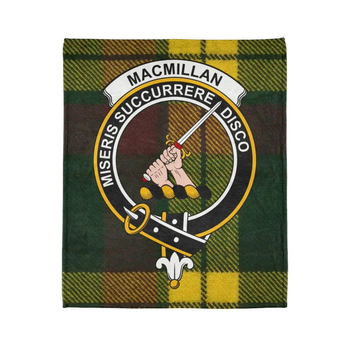 MacMillan clan crest and Miseris Succurrere Disco motto detail on printed polyester throw