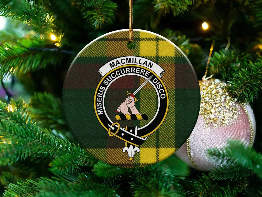 Clan MacMillan tartan crest ceramic Christmas ornament — 3-inch round with gold hanging string