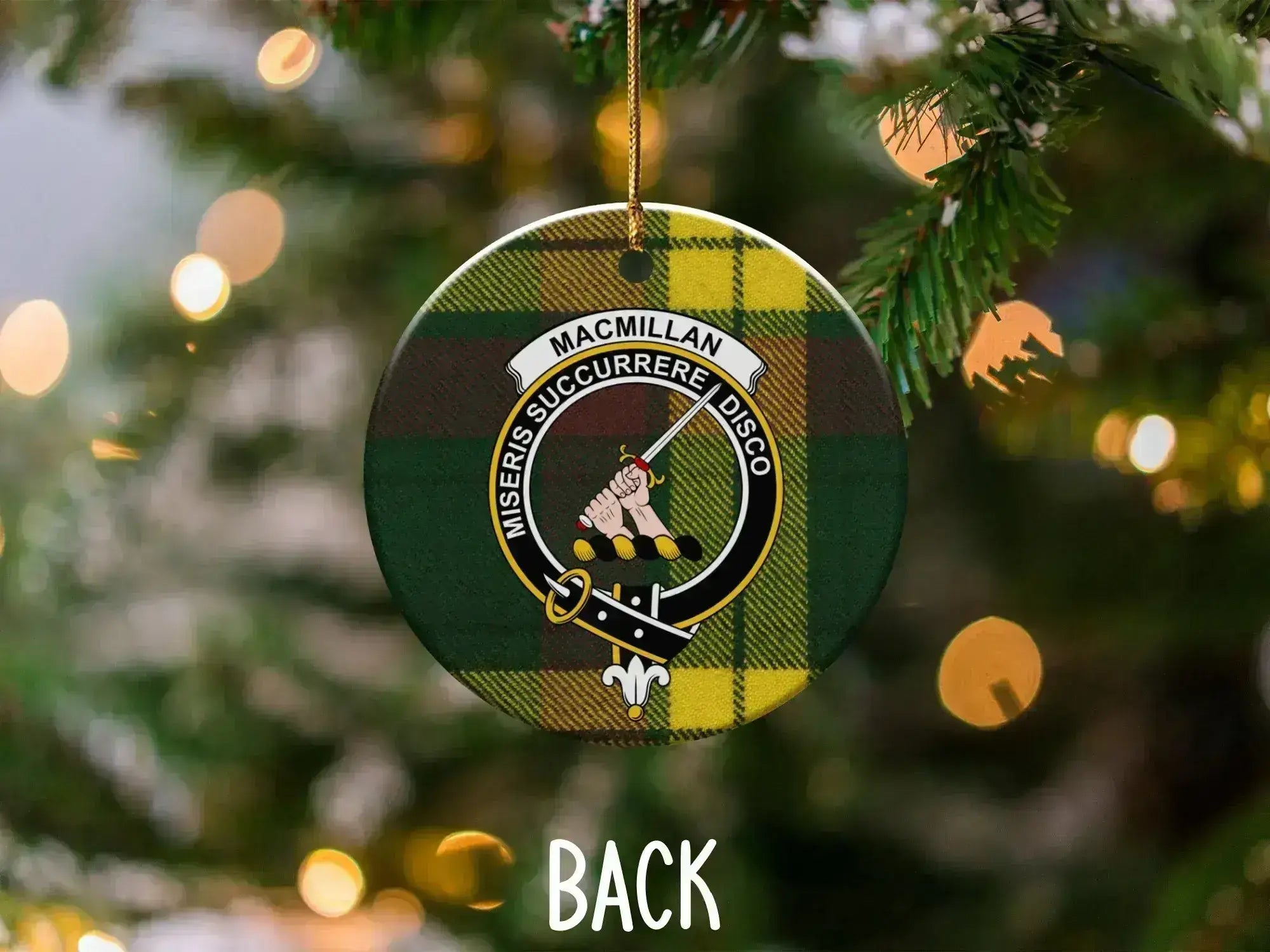 MacMillan clan crest ornament reverse side — double-sided UV printed ceramic holiday decoration