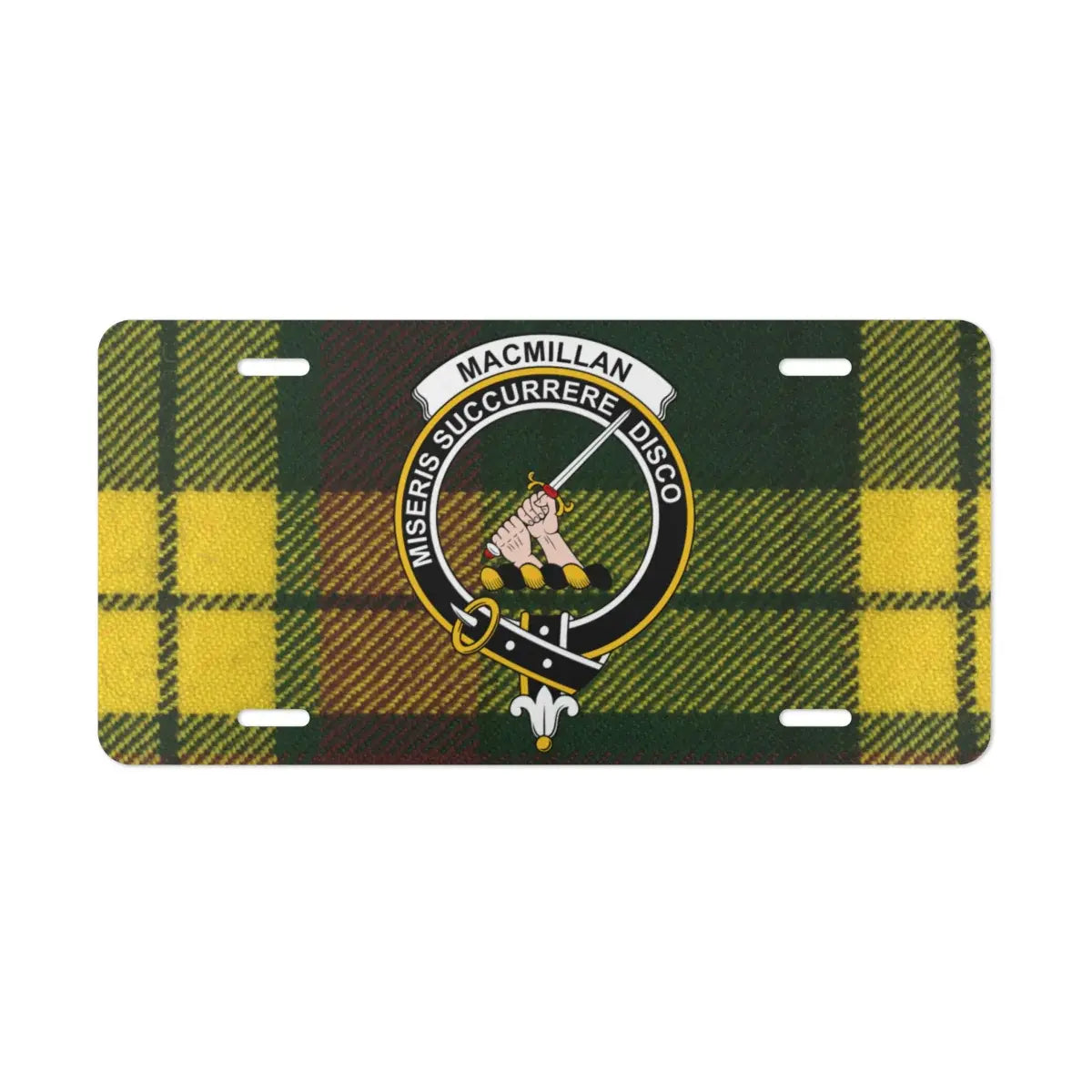MacMillan clan crest and green tartan license plate — pre-drilled aluminium novelty plate front view