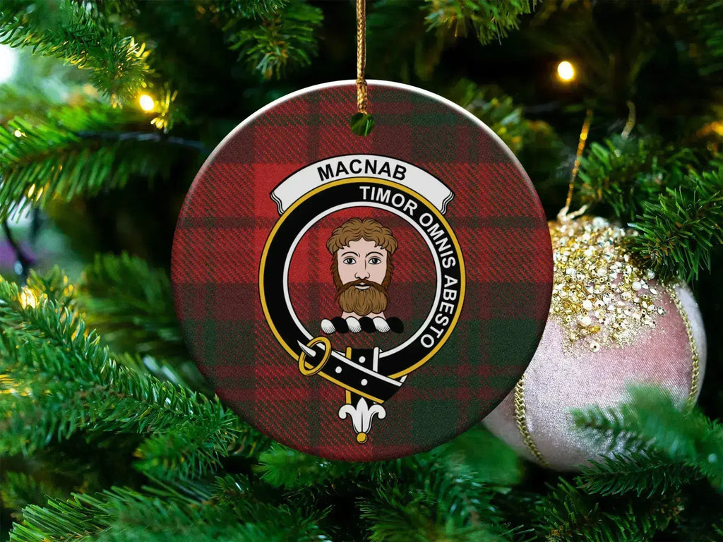 MacNab clan crest tartan ceramic ornament — Timor Omnis Abesto double-sided 3-inch round