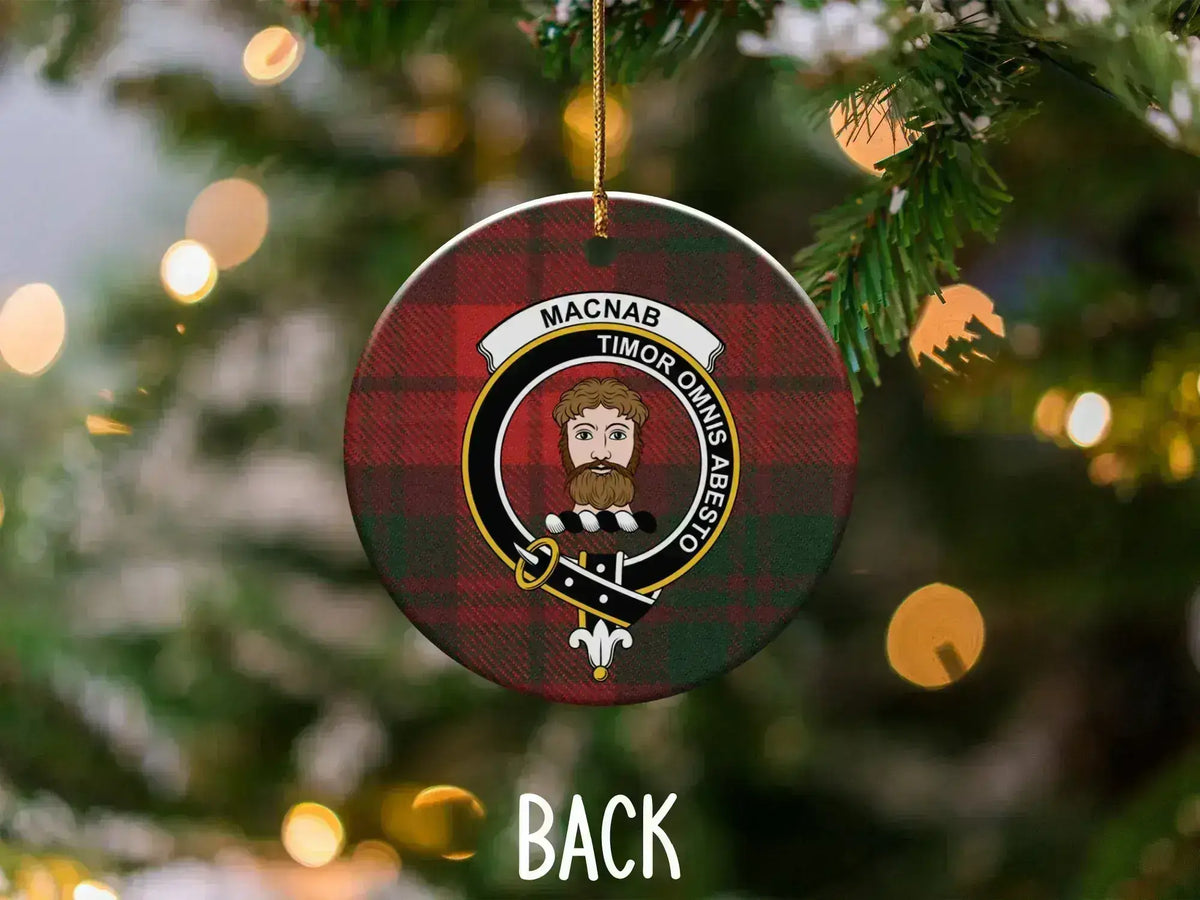 MacNab clan crest tartan Christmas ornament on tree — 3-inch round Scottish keepsake