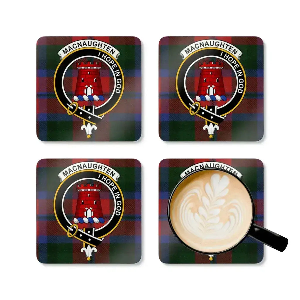 MacNaughton clan crest coaster set — full set laid out showing Scottish tartan pattern