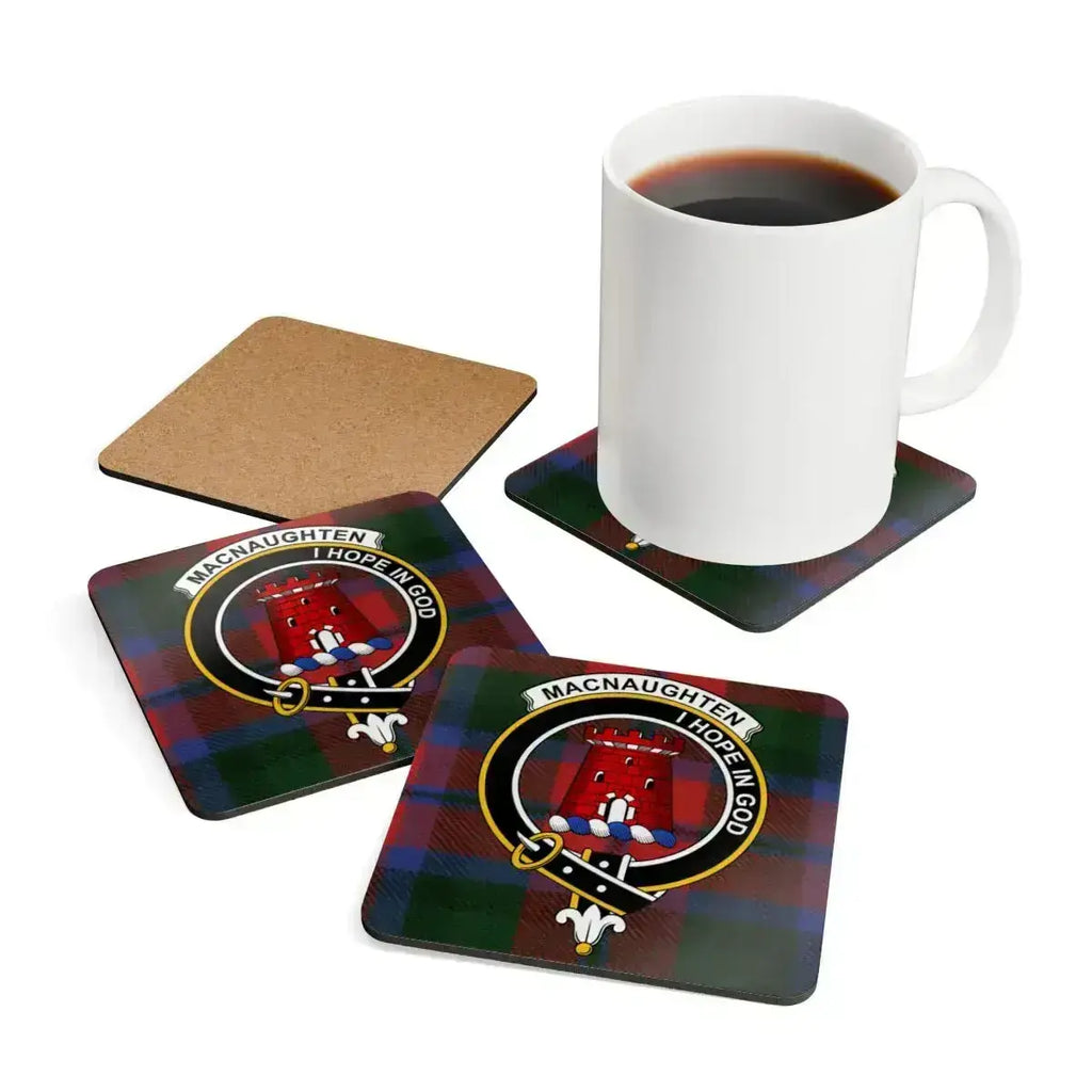 Clan MacNaughton tartan plaid coaster — close-up of glossy print and clan crest detail