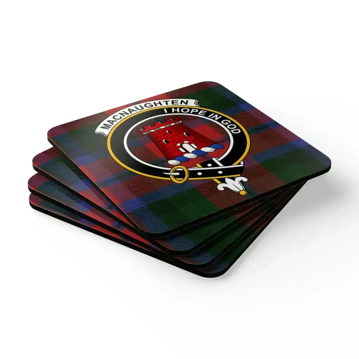 MacNaughton coaster set — square cork-backed coasters with Scottish tartan design